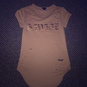 Rose gold pre ripped shirt with gold writing!